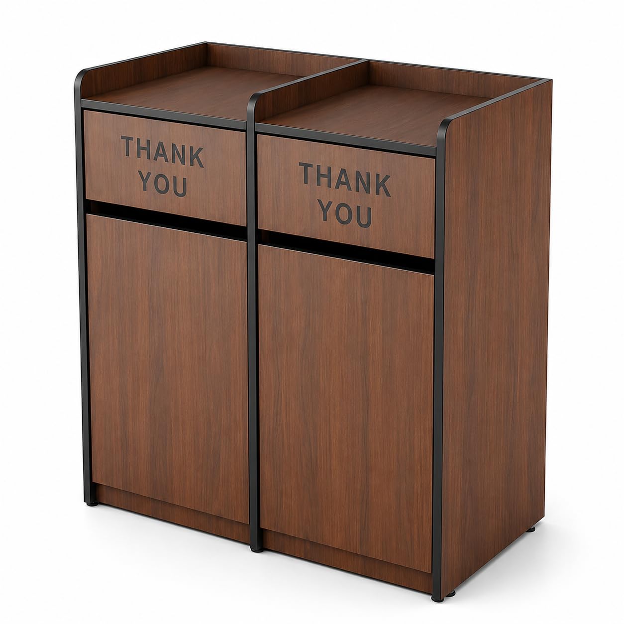 Glownary Walnut Double Waste Receptacle Enclosure, Brown Wood, 50 Gallon, Thank You Swing Doors, Indoor, 44.5x22x46.5 Inches