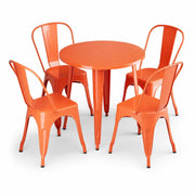 Glownary Alloy Round Dining Table Set, Amber Orange Steel, 30 Inch, with 4 Stackable Cafe Chairs, Indoor Outdoor Use