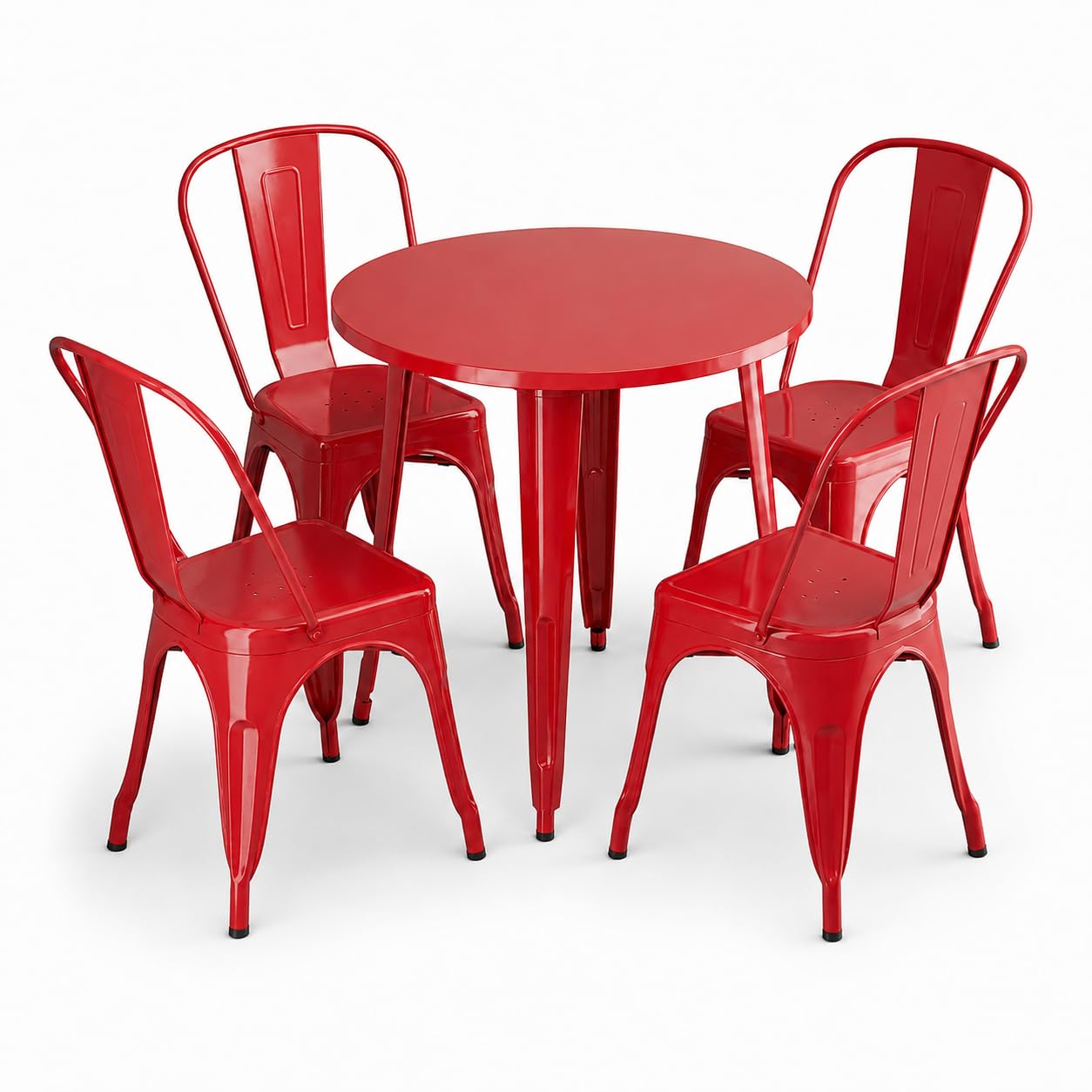 Glownary Alloy Round Outdoor Dining Set, Ruby Red Steel, 30 Inch Table with 4 Cafe Chairs, Standard Height, Stackable, Indoor Outdoor Use