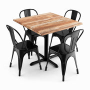Glownary Excalibur Square Dining Set, Yukon Oak Table with Black Steel Chairs, 36x36 Inch, Indoor Outdoor, 4 Stackable Seats