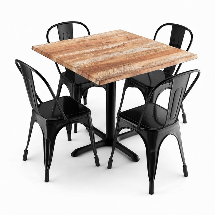 Glownary Excalibur Square Dining Set, Yukon Oak Table with Black Steel Chairs, 36x36 Inch, Indoor Outdoor, 4 Stackable Seats