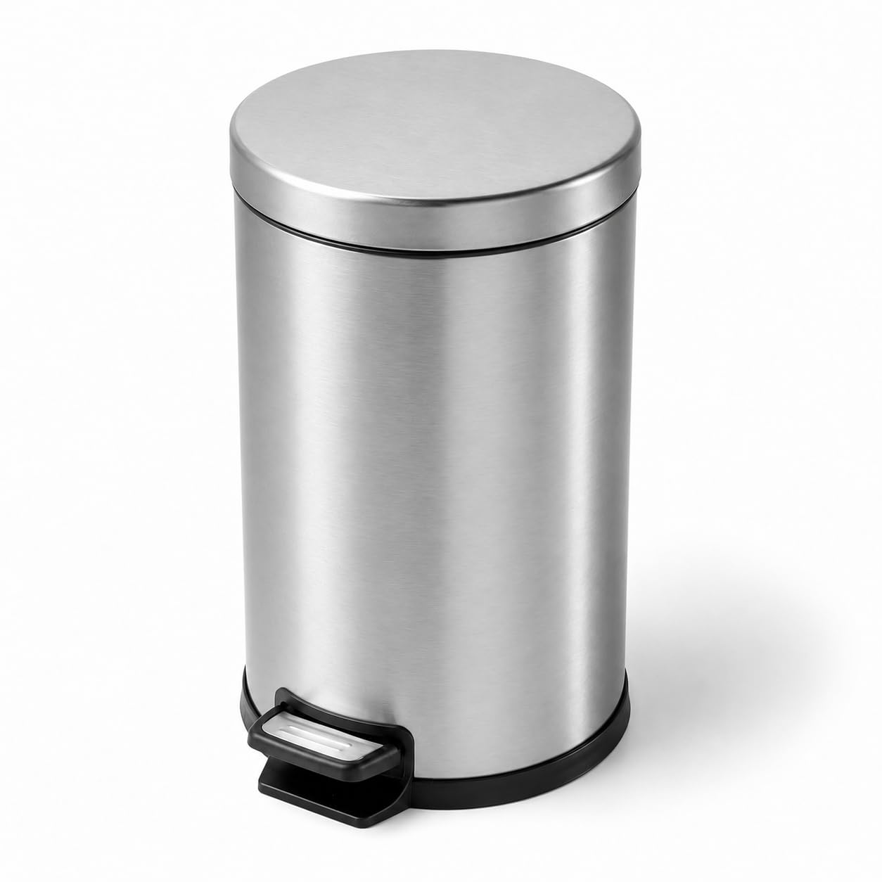 Glownary Round Step-On Trash Can, Stainless Steel, 3 Gallon, Silver, Soft Close Lid, Indoor Use, 18 Inch Height, 13 Inch Diameter