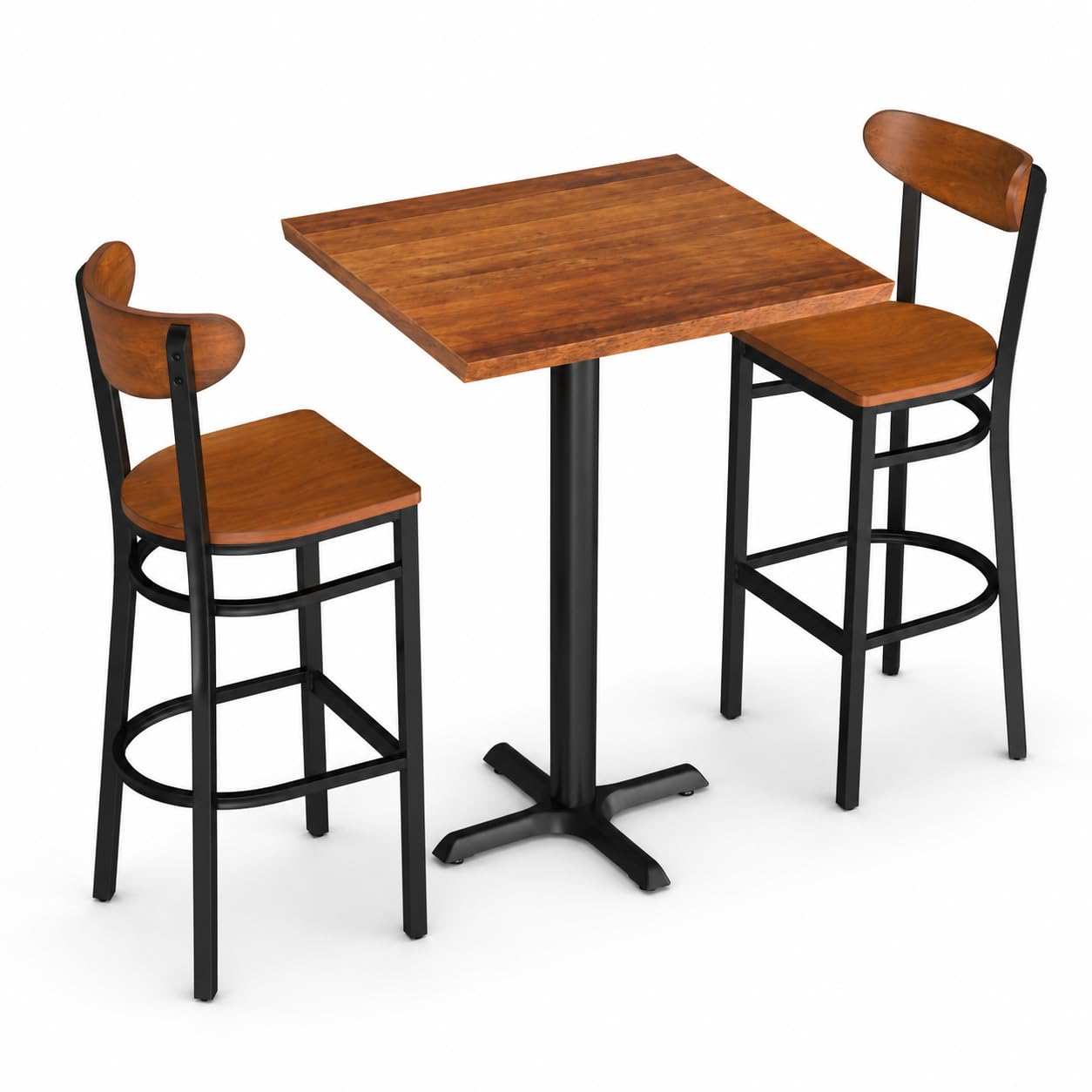 Glownary Square Bar Height Dining Set, Rustic Walnut Solid Wood Live Edge Table with Black Steel Base, 30 Inch, 2 Boomerang Chairs