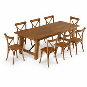 Glownary Vineyard Rectangular Folding Table Set with 8 Cross Back Chairs, Barrel Brown, Pine Wood, 96x40x30 Inches