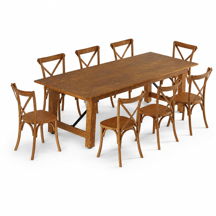 Glownary Vineyard Rectangular Folding Table Set with 8 Cross Back Chairs, Barrel Brown, Pine Wood, 96x40x30 Inches