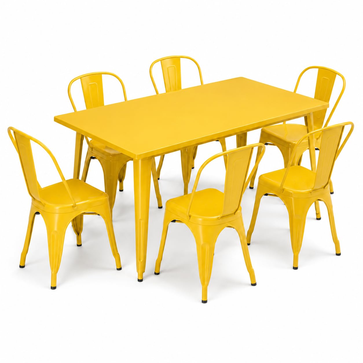 Glownary Outdoor Dining Set, Citrine Yellow Steel Table with 6 Cafe Chairs, 63x31.5 Inch Rectangle, Stackable Seats, Indoor Outdoor Use