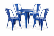 Glownary Alloy Round Outdoor Dining Set, Blue Steel Table with 4 Cafe Chairs, 30 Inch, Powder-Coated, Stackable, Indoor/Outdoor Use