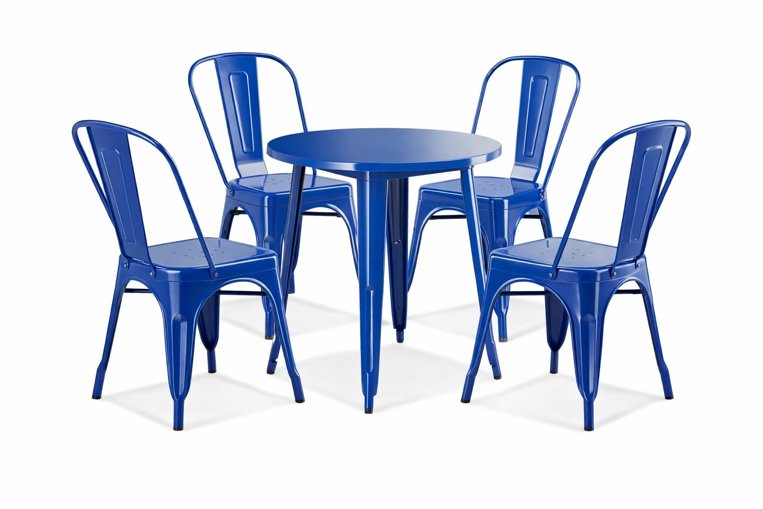 Glownary Alloy Round Outdoor Dining Set, Blue Steel Table with 4 Cafe Chairs, 30 Inch, Powder-Coated, Stackable, Indoor/Outdoor Use