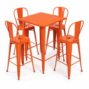 Glownary Alloy Square Bar Height Outdoor Table Set, Amber Orange, Steel, 31.5 x 31.5 Inch, with 4 Cafe Barstools, Indoor Outdoor Use