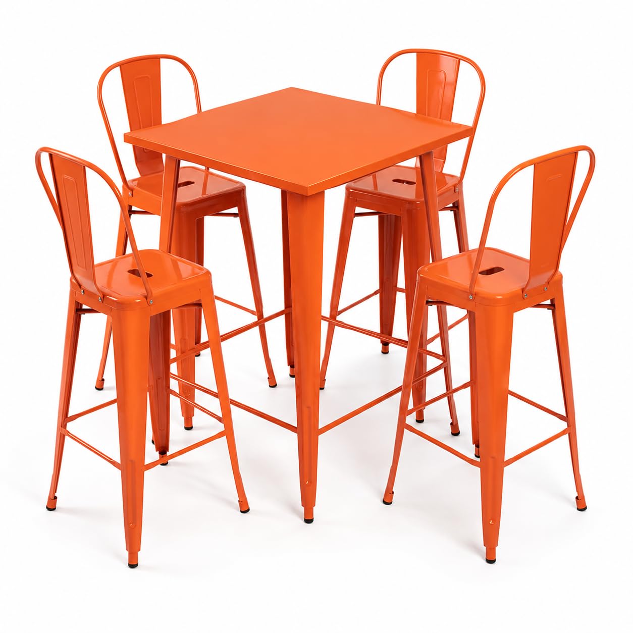 Glownary Alloy Square Bar Height Outdoor Table Set, Amber Orange, Steel, 31.5 x 31.5 Inch, with 4 Cafe Barstools, Indoor Outdoor Use