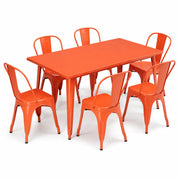 Glownary Alloy Rectangular Outdoor Dining Table Set, Amber Orange, Steel, 63x31.5 Inch with 6 Stackable Cafe Chairs, Standard Height