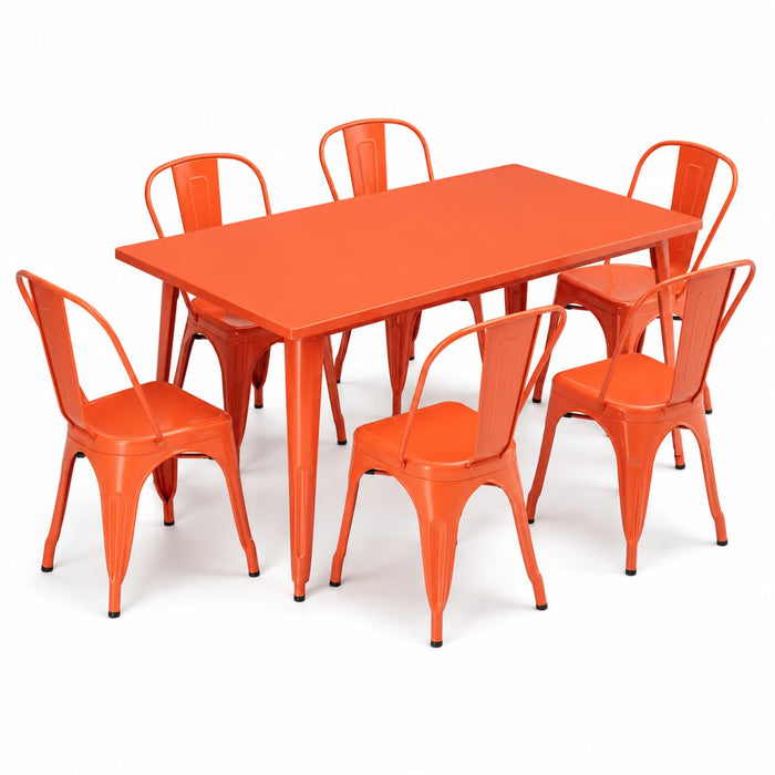 Glownary Alloy Rectangular Outdoor Dining Table Set, Amber Orange, Steel, 63x31.5 Inch with 6 Stackable Cafe Chairs, Standard Height