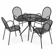Glownary Harbor Black Round Outdoor Table Set, 36 Inch with 4 Mesh Arm Chairs, Steel Construction, Powder-Coated, Stackable