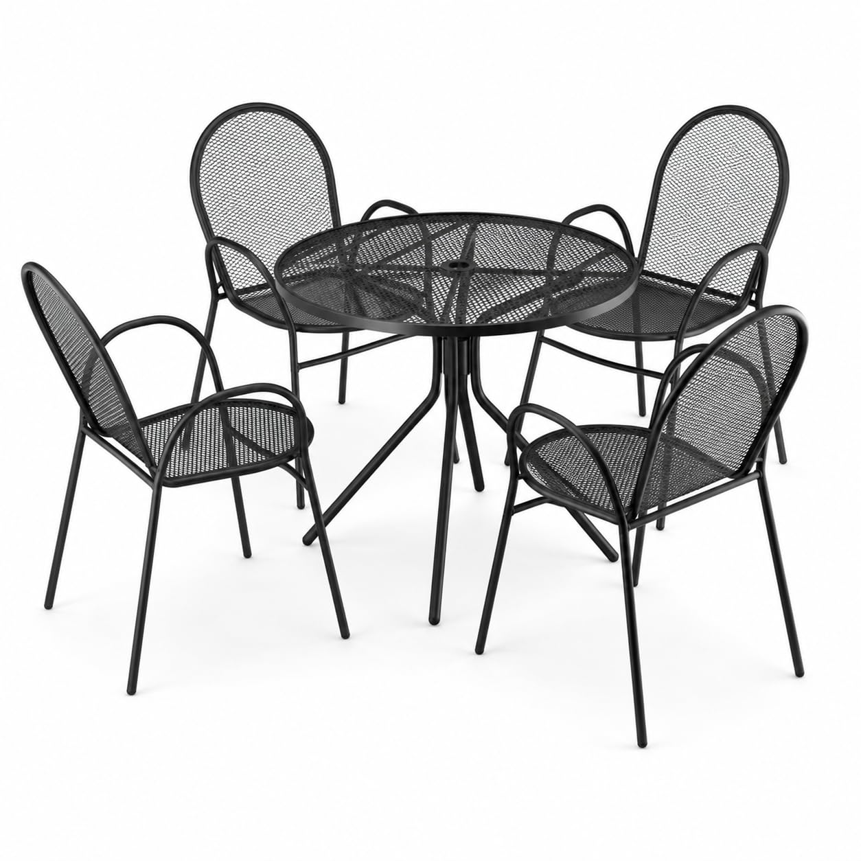 Glownary Harbor Black Round Outdoor Table Set, 36 Inch with 4 Mesh Arm Chairs, Steel Construction, Powder-Coated, Stackable