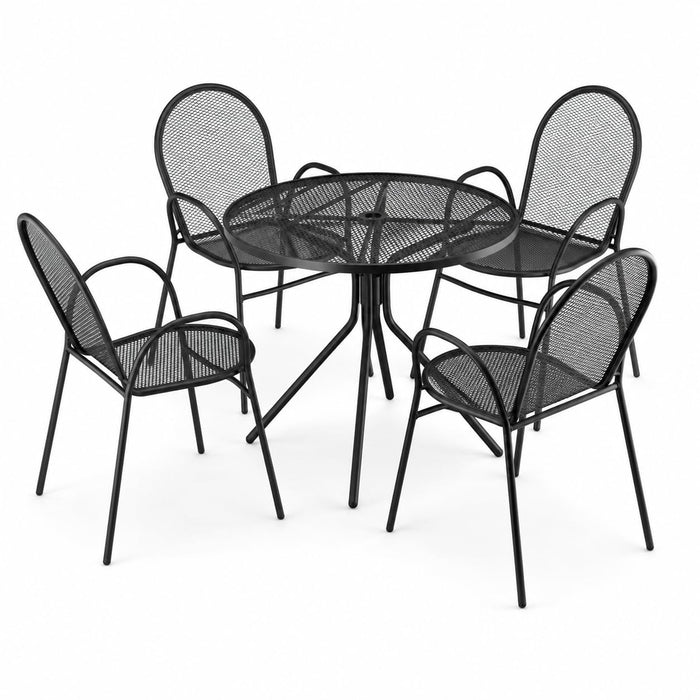Glownary Harbor Black Round Outdoor Table Set, 36 Inch with 4 Mesh Arm Chairs, Steel Construction, Powder-Coated, Stackable