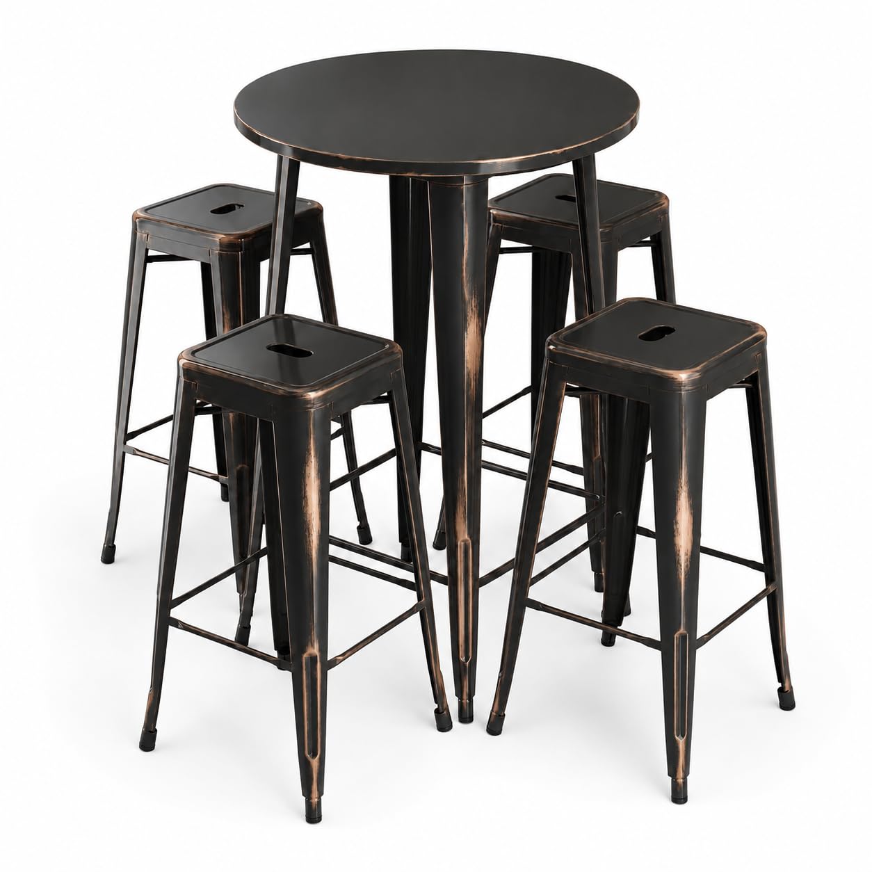 Glownary Alloy Round Bar Height Table Set with 4 Backless Barstools, Distressed Copper, Steel, 30 Inch, Indoor Outdoor, Stackable
