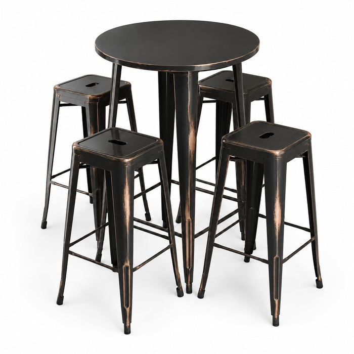 Glownary Alloy Round Bar Height Table Set with 4 Backless Barstools, Distressed Copper, Steel, 30 Inch, Indoor Outdoor, Stackable