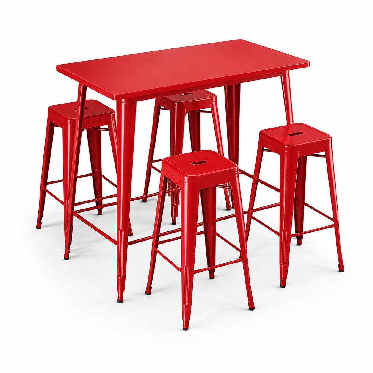 Glownary Alloy Bar Height Outdoor Table Set, Ruby Red Steel, 48x30 Inch Table with 4 Backless Barstools, Stackable, Indoor Outdoor Use