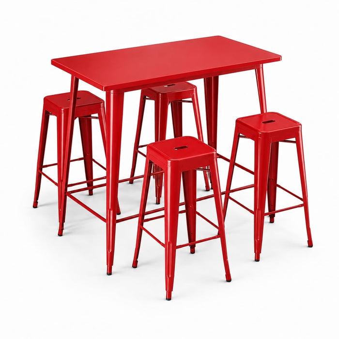 Glownary Alloy Bar Height Outdoor Table Set, Ruby Red Steel, 48x30 Inch Table with 4 Backless Barstools, Stackable, Indoor Outdoor Use