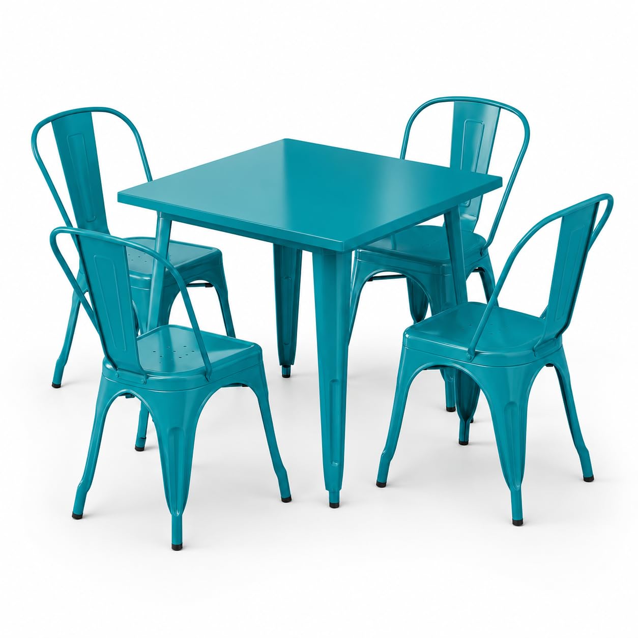 Glownary Outdoor Dining Set, Teal Topaz Steel Table with 4 Cafe Chairs, 31.5 Inch Square, Stackable, Powder Coated, Indoor/Outdoor Use