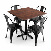Glownary Excalibur Square Dining Set, Textured Walnut Table with Black Alloy Chairs, 36 x 36 Inch, Indoor Outdoor, Standard Height, 4 Chairs