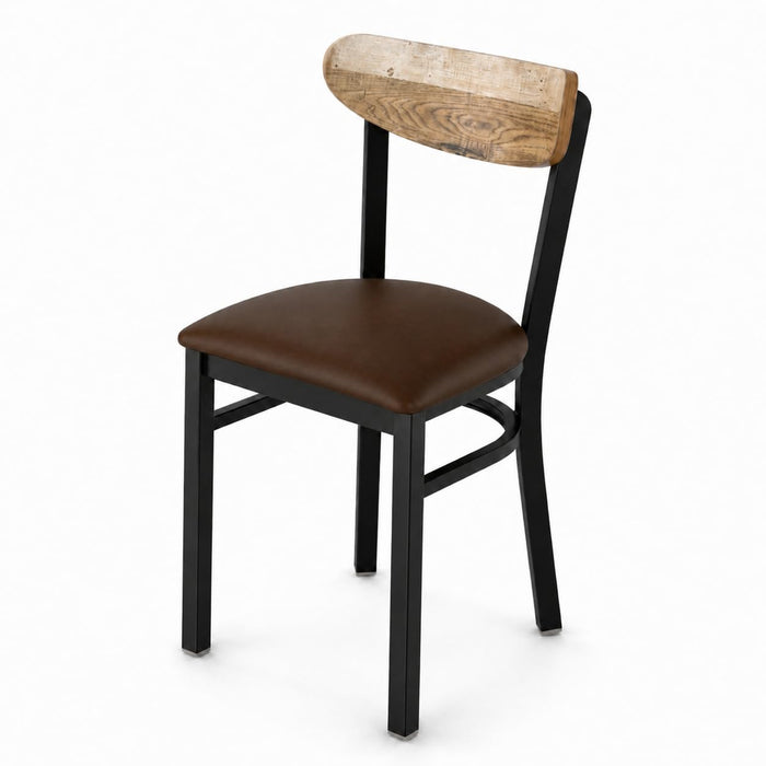 Glownary Boomerang Restaurant Chair, Black Metal Frame with Dark Brown Vinyl Seat, Driftwood Back, Mid-Century Style, 32 Inch Height, 330 lb Capacity