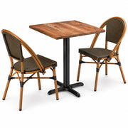 Glownary Excalibur Bistro Square Table Set, Yukon Oak, 27.5 Inch with 2 Brown Aluminum Chairs, Indoor Outdoor, Standard Height