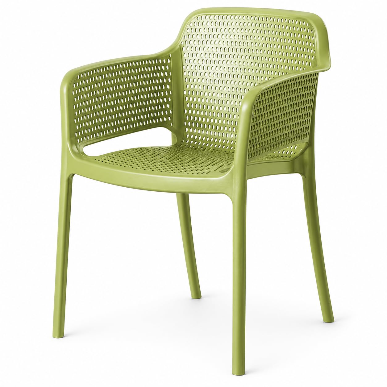 Glownary Rio Sea Moss Green Resin Arm Chair, Indoor Outdoor, Stackable, Perforated Seat, with Arms, Commercial Grade, 24x22x31.5 Inch, 350 lb Capacity
