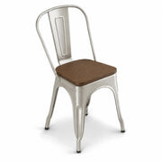Glownary Alloy Indoor Cafe Chair, Silver Metal Frame with Walnut Wood Seat, Stackable, Industrial Modern Style, 33.5 Inch Height, 400 lb Capacity