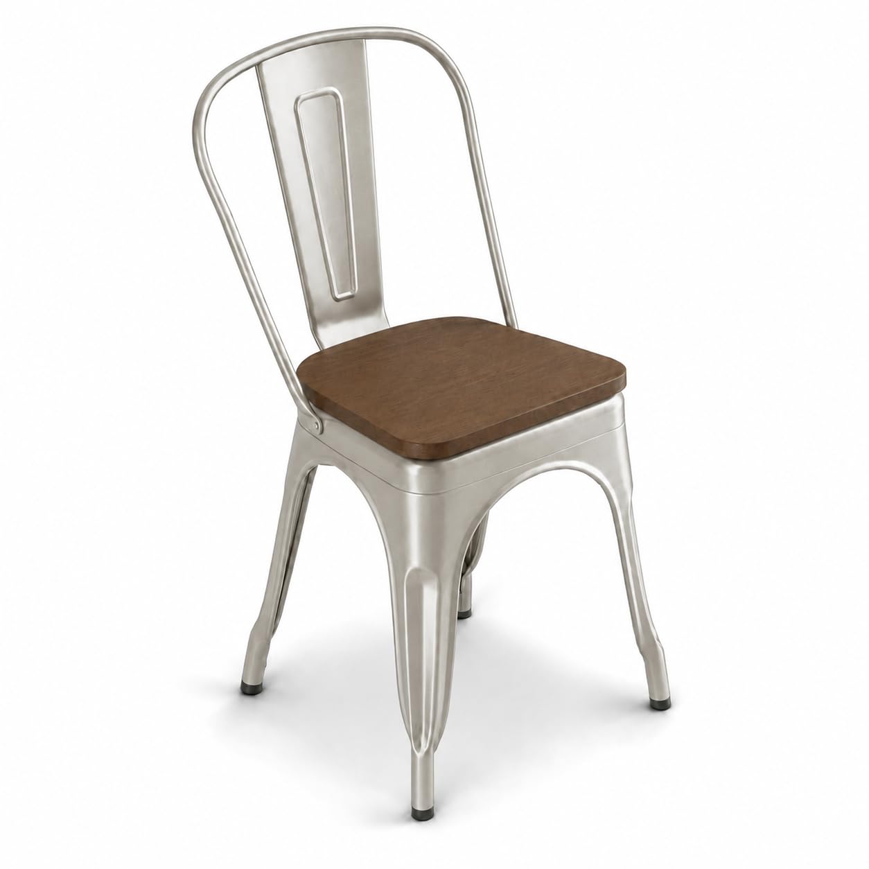 Glownary Alloy Indoor Cafe Chair, Silver Metal Frame with Walnut Wood Seat, Stackable, Industrial Modern Style, 33.5 Inch Height, 400 lb Capacity