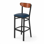 Glownary Boomerang Bar Stool, Black Steel Frame with Navy Vinyl Seat, Antique Walnut Wood Back, Bar Height 43.38 Inch, Mid-Century Style, 330 lb Capacity