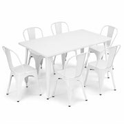 Glownary Alloy Outdoor Dining Set, Pearl White Steel Table with 6 Cafe Chairs, 63x31.5 Inch Rectangle, Stackable, Indoor Outdoor Use