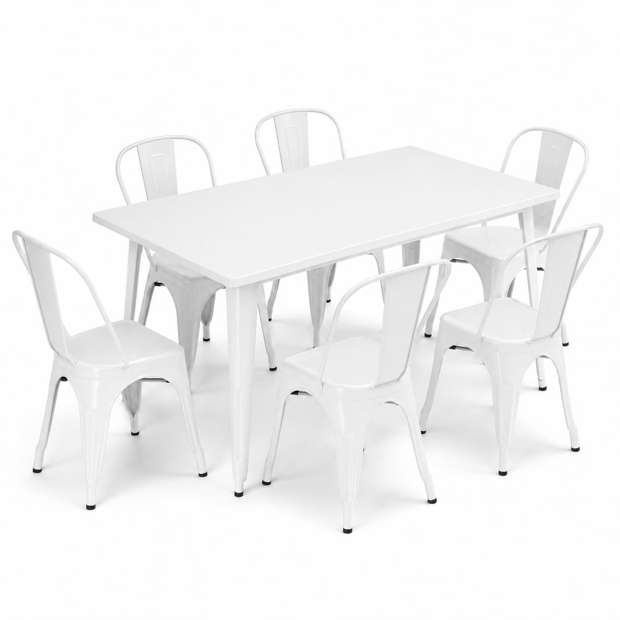 Glownary Alloy Outdoor Dining Set, Pearl White Steel Table with 6 Cafe Chairs, 63x31.5 Inch Rectangle, Stackable, Indoor Outdoor Use
