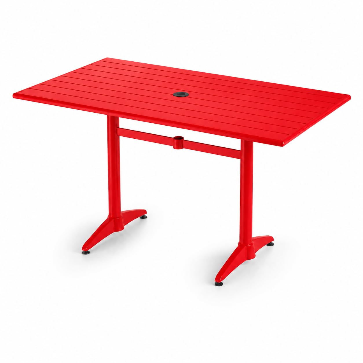 Glownary Rectangular Outdoor Dining Table, Red Powder-Coated Aluminum, 32x60 Inch, 30 Inch Height, with Umbrella Hole, 6 Seating Capacity