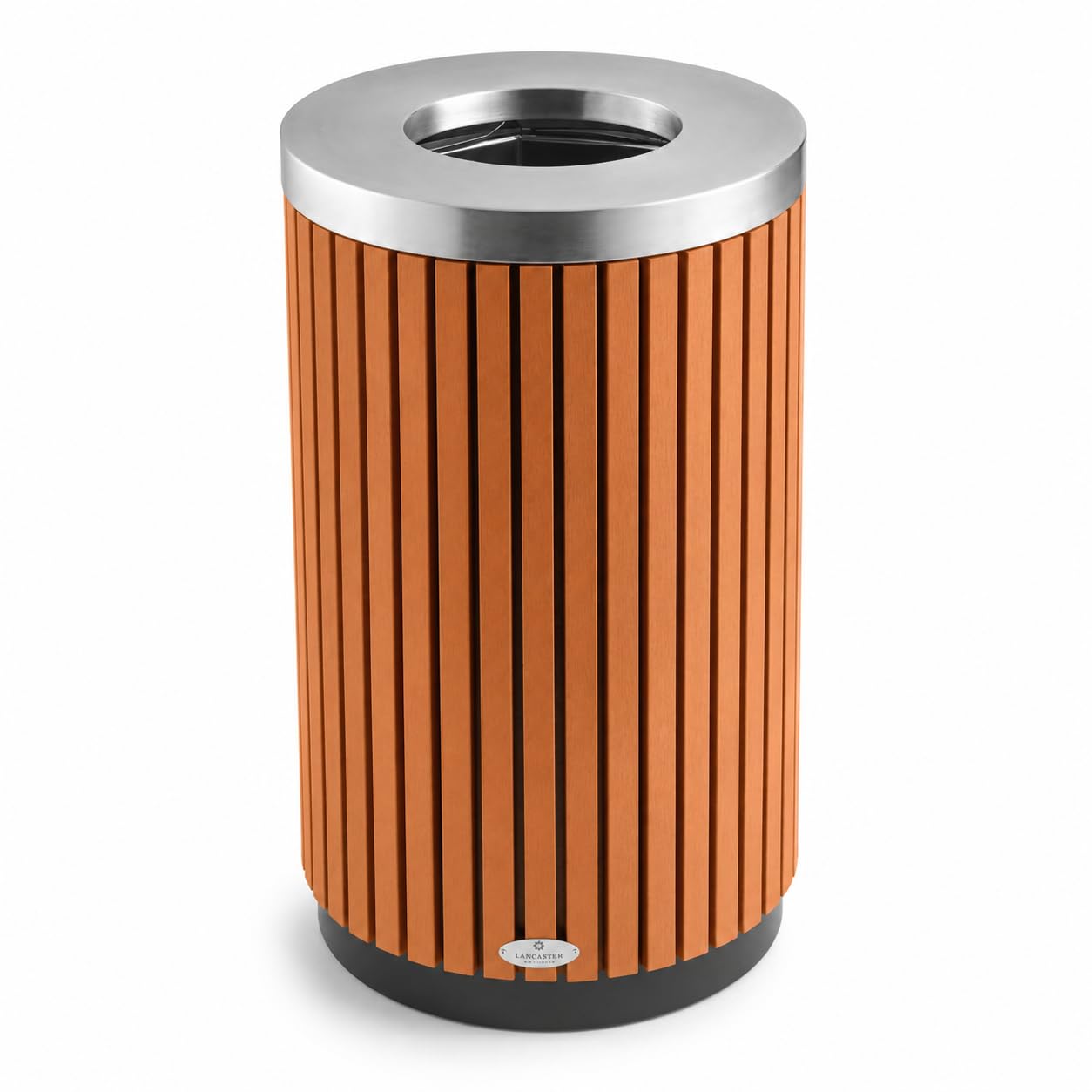 Glownary Steel Wood Composite Round Outdoor Trash Can, Brown Silver, 17 Gallon, Open Top, Decorative, 19.75x31.5 Inch