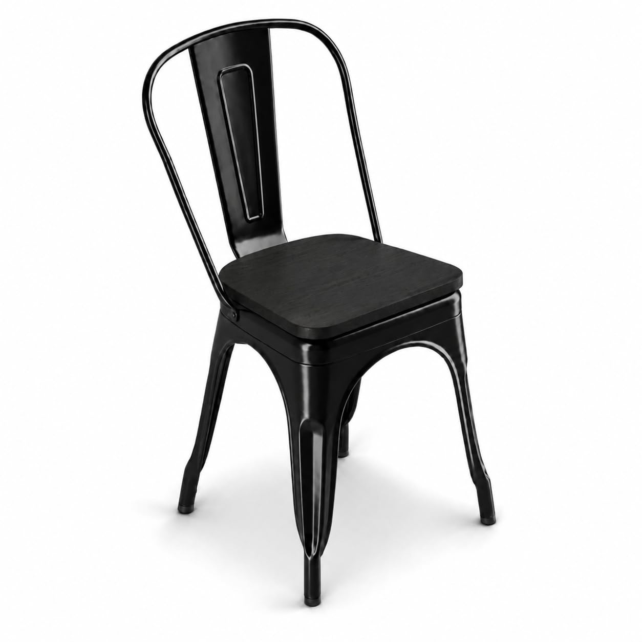 Glownary Alloy Indoor Cafe Chair, Onyx Black Steel Frame with Wood Seat, Stackable, Modern Industrial Style, 400 lb Capacity
