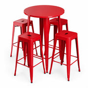 Glownary Alloy Round Bar Height Table Set, Ruby Red Steel, 30 Inch, with 4 Stackable Backless Barstools, Indoor Outdoor