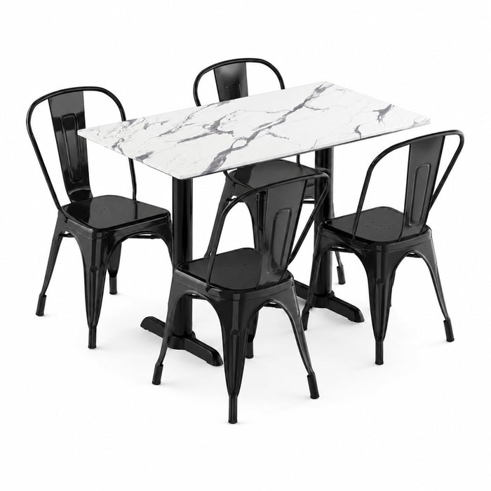 Glownary Rectangular Dining Table Set, White Versilla Top with 4 Black Steel Cafe Chairs, 47x27 Inch Table, Indoor Outdoor Use