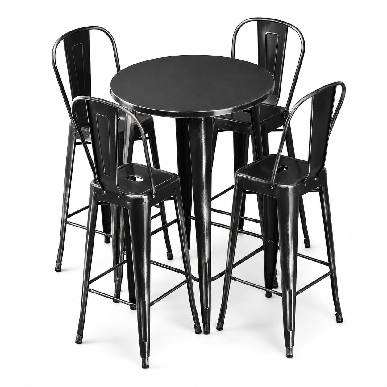Glownary Alloy Round Bar Height Table Set, Distressed Onyx Black Steel, 30 Inch, with 4 Cafe Barstools, Indoor Outdoor