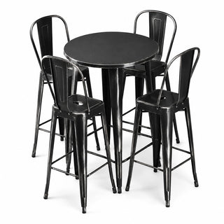 Glownary Alloy Round Bar Height Table Set, Distressed Onyx Black Steel, 30 Inch, with 4 Cafe Barstools, Indoor Outdoor