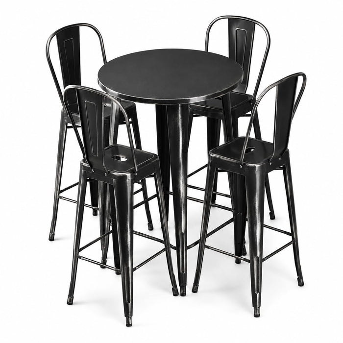 Glownary Alloy Round Bar Height Table Set, Distressed Onyx Black Steel, 30 Inch, with 4 Cafe Barstools, Indoor Outdoor