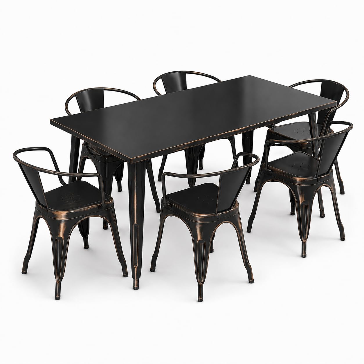 Glownary Alloy Outdoor Dining Set, Distressed Copper, Steel, 63 x 31.5 Inch Table with 6 Stackable Arm Chairs, Standard Height, Rectangle