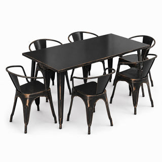 Glownary Alloy Outdoor Dining Set, Distressed Copper, Steel, 63 x 31.5 Inch Table with 6 Stackable Arm Chairs, Standard Height, Rectangle
