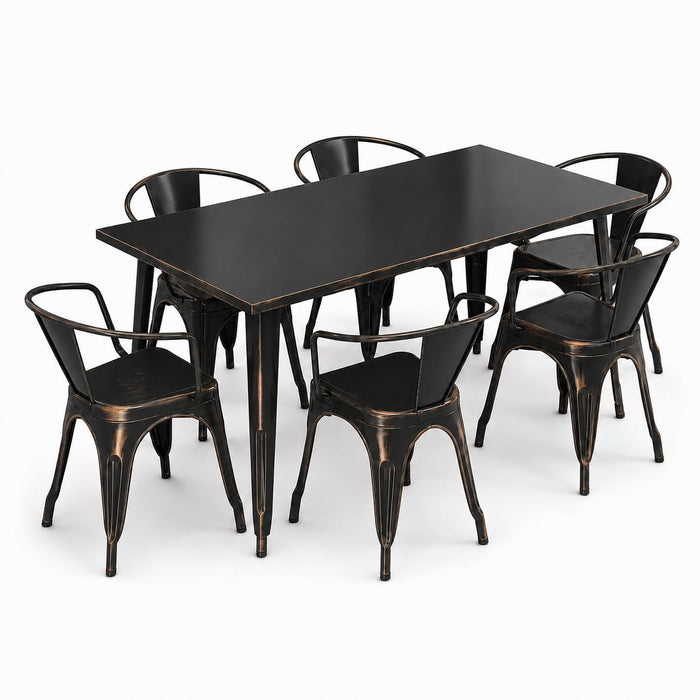 Glownary Alloy Outdoor Dining Set, Distressed Copper, Steel, 63 x 31.5 Inch Table with 6 Stackable Arm Chairs, Standard Height, Rectangle