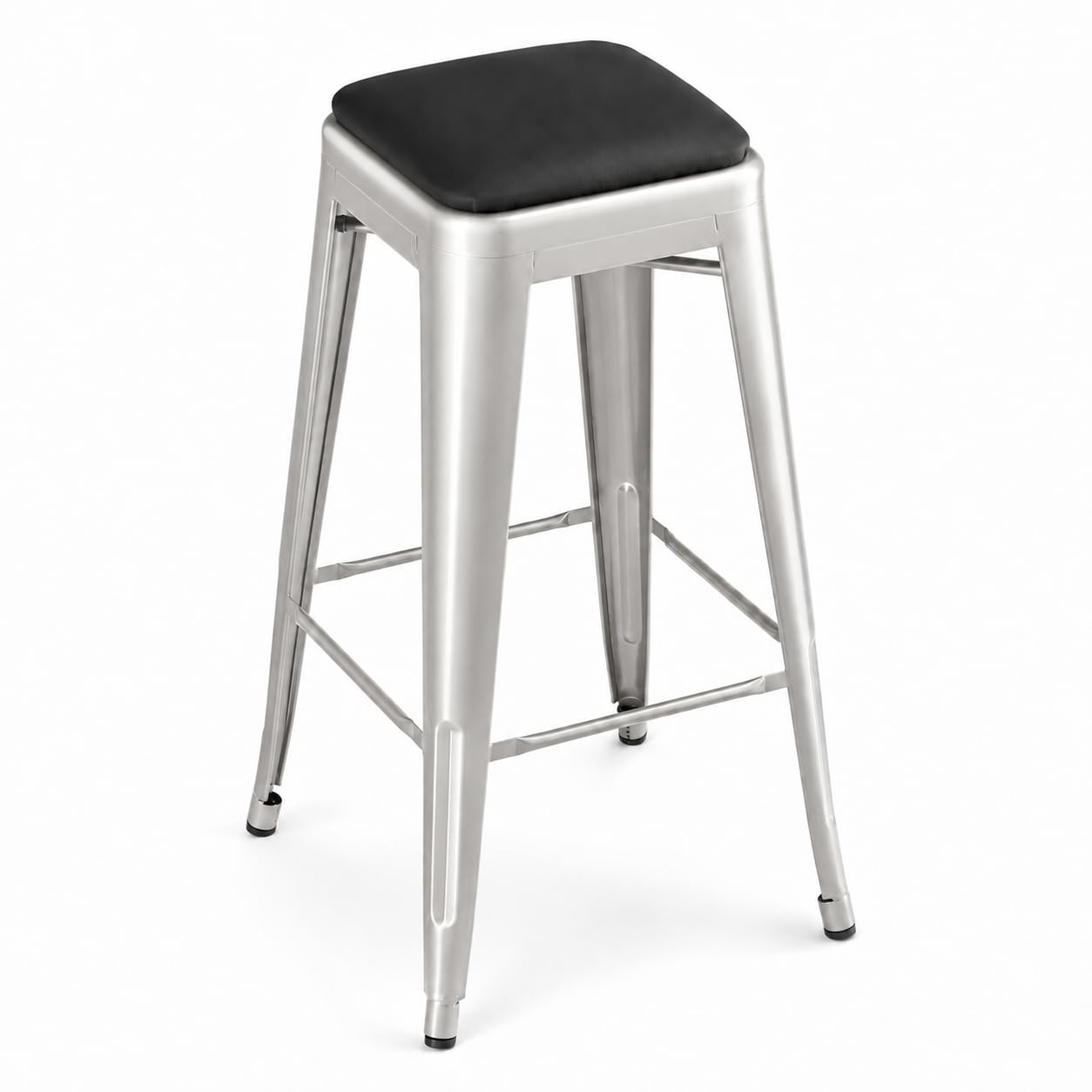 Glownary Alloy Backless Bar Stool, Silver Metal Frame with Black Vinyl Cushion, 30 Inch Height, Indoor, Stackable, 400 lb Capacity