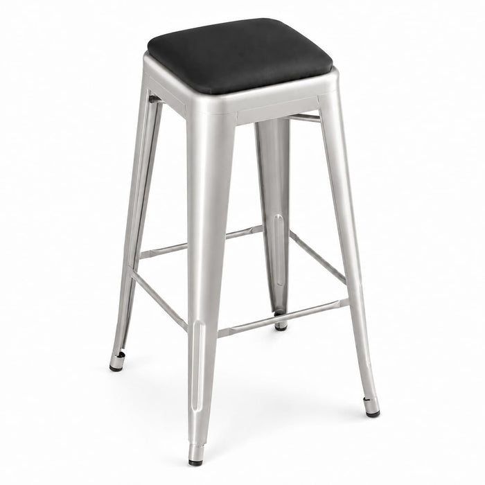 Glownary Alloy Backless Bar Stool, Silver Metal Frame with Black Vinyl Cushion, 30 Inch Height, Indoor, Stackable, 400 lb Capacity
