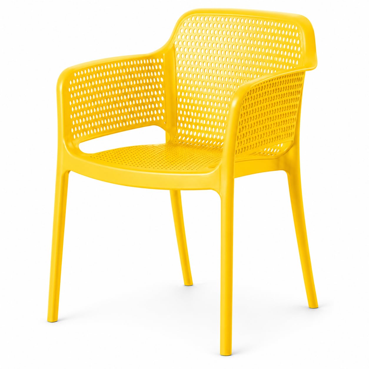 Glownary Rio Sunshine Yellow Resin Arm Chair, Indoor Outdoor, Stackable, UV Resistant, 24x22x31.5 Inches, 350 lb Capacity, Perforated Seat with Armrests