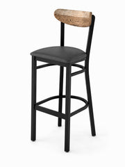 Glownary Boomerang Bar Stool, Black Steel Frame with Dark Gray Vinyl Seat, Driftwood Back, 43.38 Inch Height, Mid-Century Style, Indoor Use, 330 lb Capacity