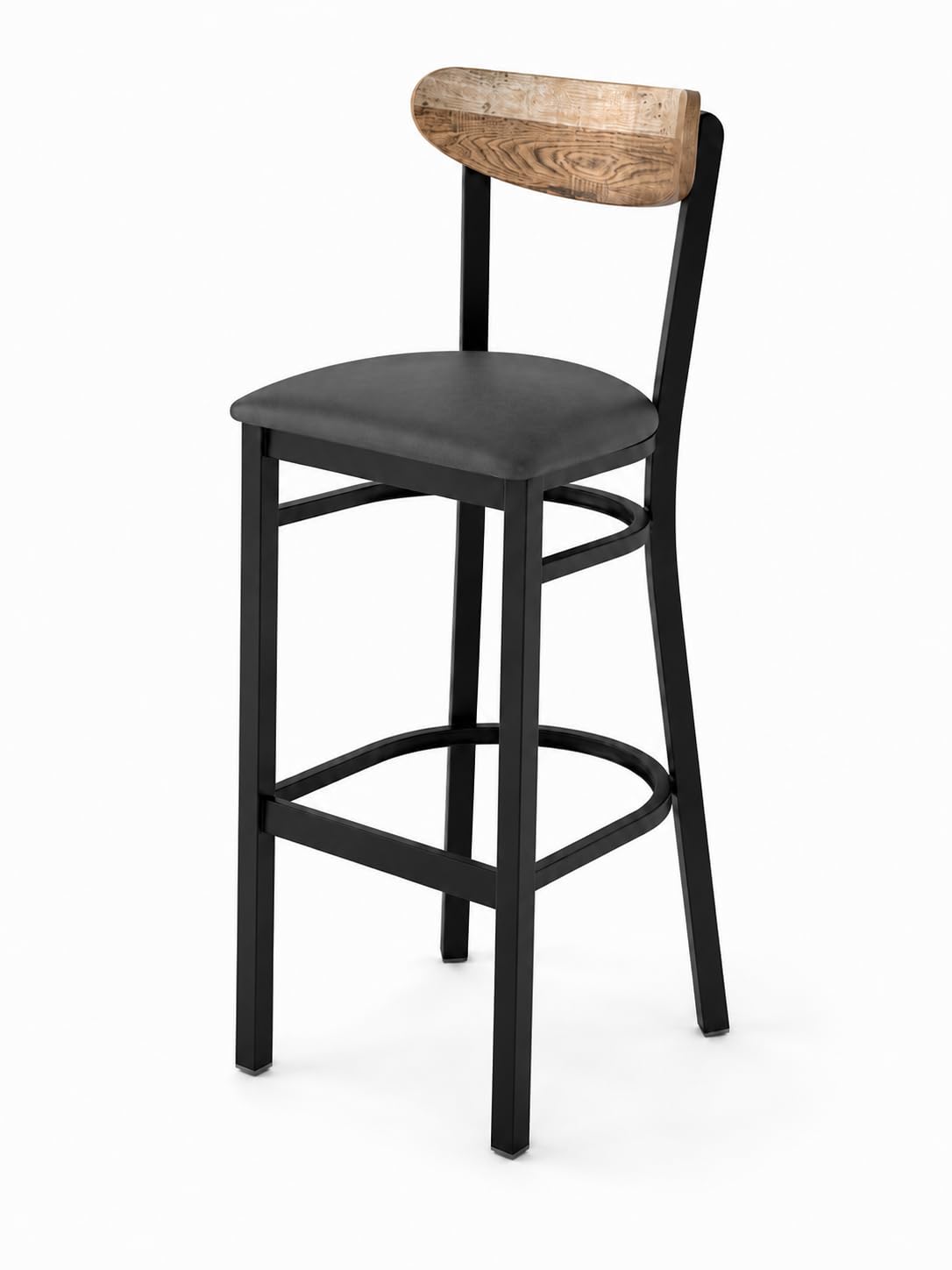 Glownary Boomerang Bar Stool, Black Steel Frame with Dark Gray Vinyl Seat, Driftwood Back, 43.38 Inch Height, Mid-Century Style, Indoor Use, 330 lb Capacity