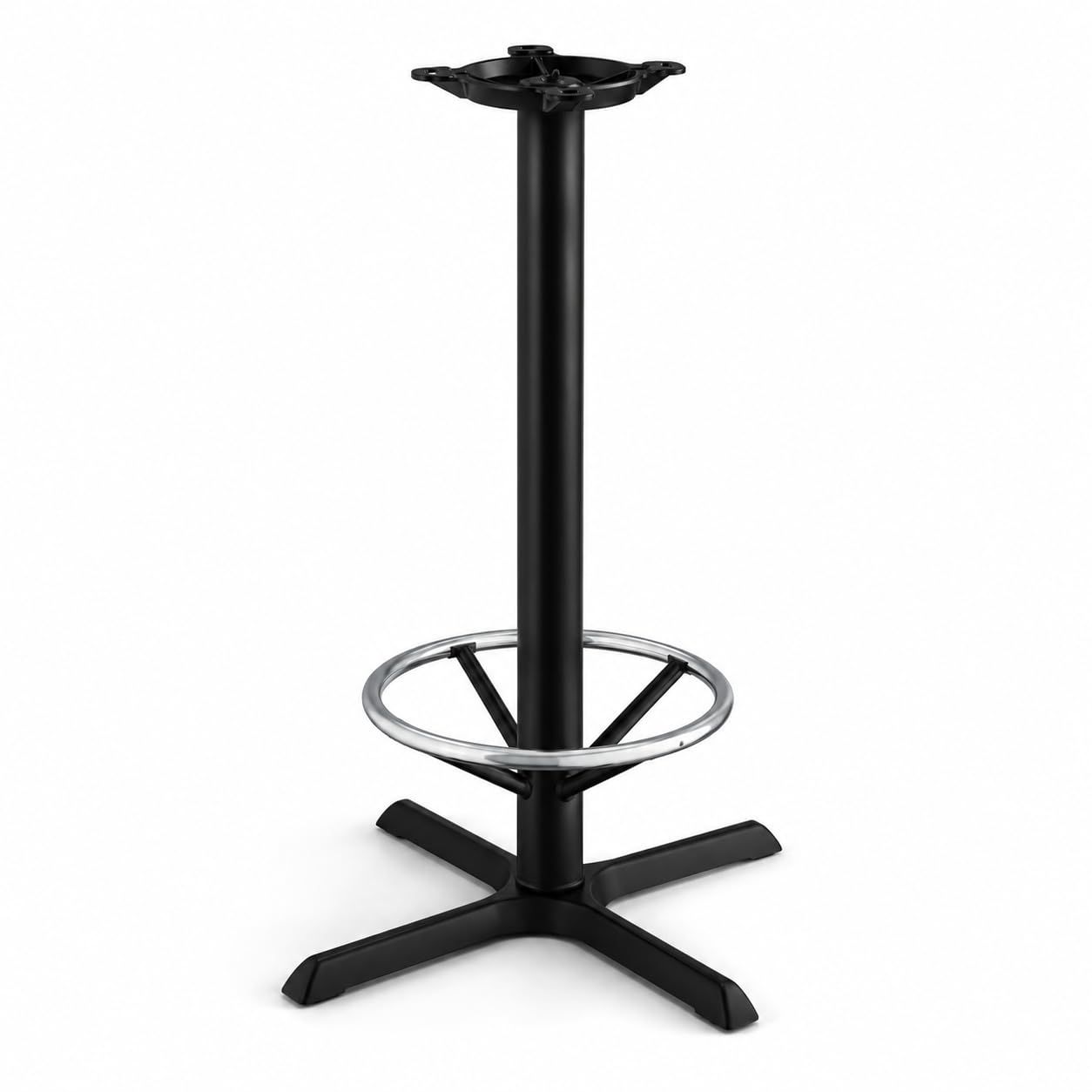 Glownary Cast Iron Cross Table Base, Black Powder-Coated, 30 x 30 Inch, Bar Height with 17.25 Inch Chrome Foot Ring, 3 Inch Column, Indoor Commercial